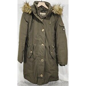 Michael Kors Hooded Coat Down Feather Fill Parka Olive Green Faux Fur Women XS